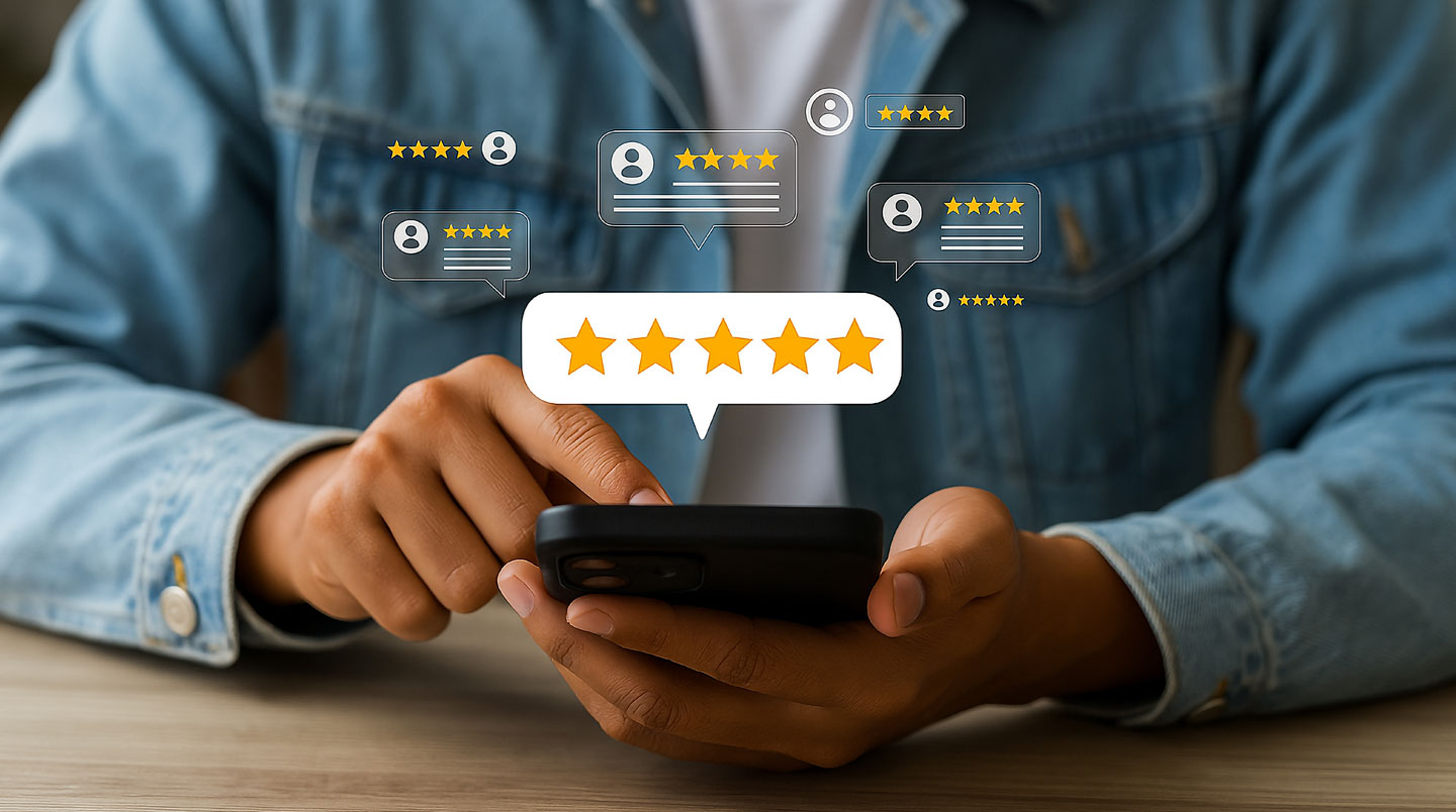 Vue de dessus d'une table montrant un ordinateur affichant des avis clients et un document de garanties d'assurance, une main pointant une ligne du contrat