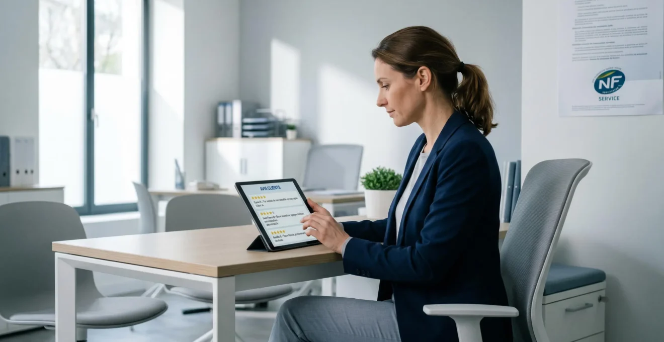 Conseiller en assurance consultant une tablette affichant des avis clients certifiés dans un bureau moderne aux tons clairs