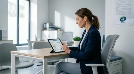 Conseiller en assurance consultant une tablette affichant des avis clients certifiés dans un bureau moderne aux tons clairs