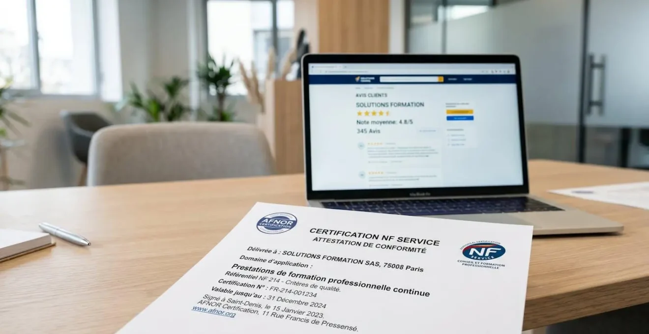 Document officiel de certification NF Service AFNOR posé sur un bureau avec ordinateur affichant une plateforme d'avis