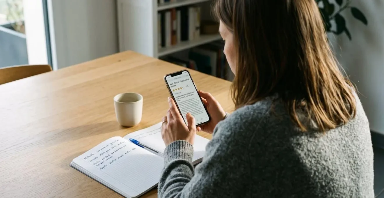 Personne analysant attentivement un avis client d'assurance sur smartphone avec carnet de notes à côté